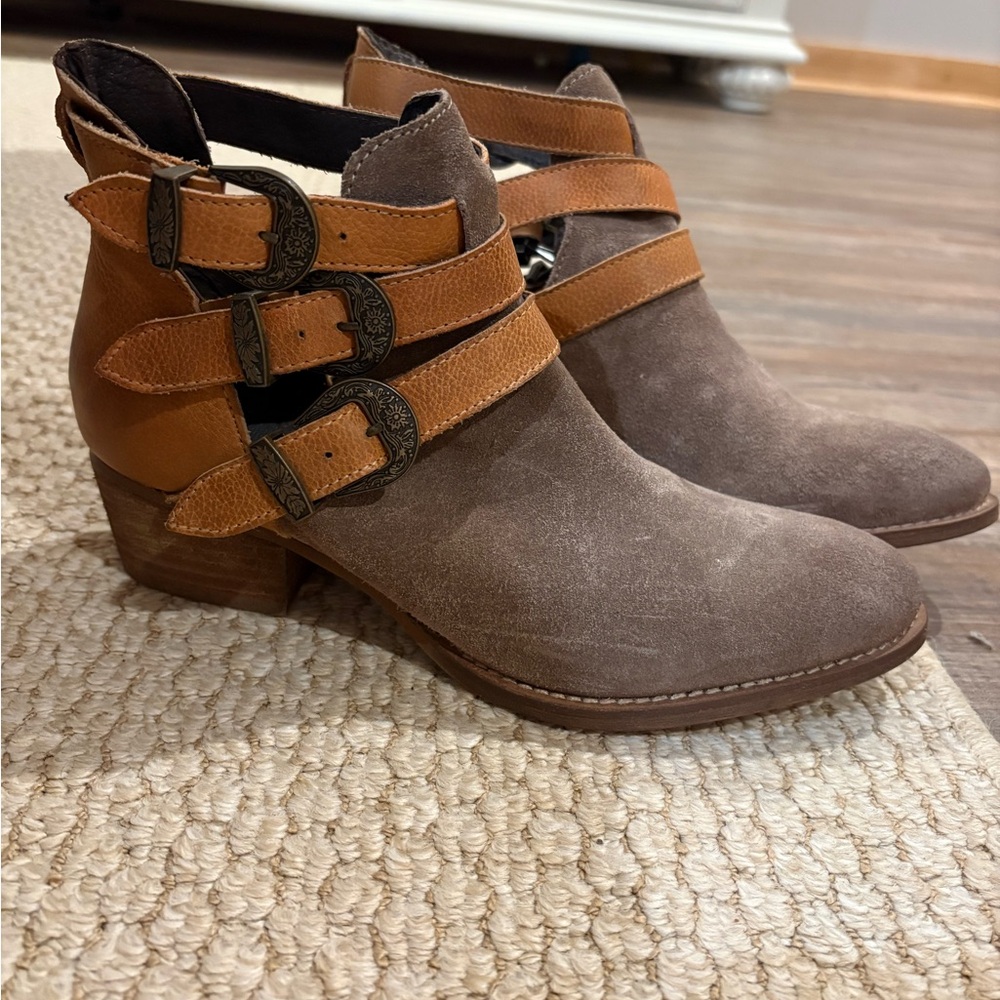 Diba True Brown Suede Ankle Boots with Buckle Straps